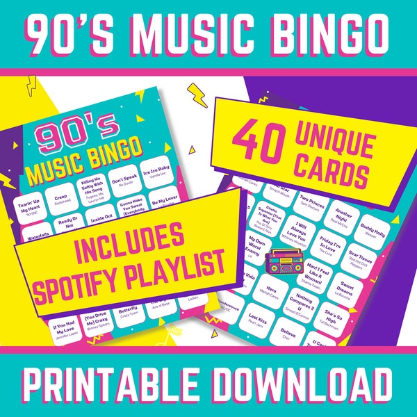 90s Music Bingo With Playlist, 40 Bingo Cards, Singo, 90s Bingo, 1990s Bingo, 90s Party, Party Games, Printable Games