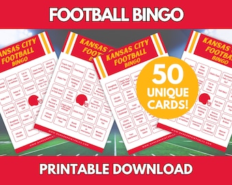 Juego de bingo de fútbol de Kansas City: 50 tarjetas imprimibles (descarga digital)