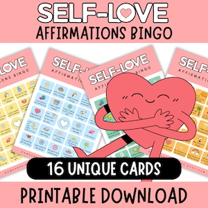 Selbstliebe Affirmationen Bingo | 48 positive Affirmationskarten für Kinder | 16 lehrreiche Bingokarten | Mentale Gesundheit Kinder Aktivität, bedruckbar