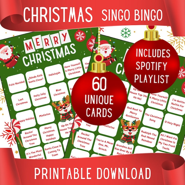 Christmas Singo Bingo | Christmas Music Bingo | 50 Christmas Songs, 60 Cards | Christmas Party Game | Printable Games | PDF Instant Download