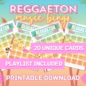 Reggaeton Music Bingo | Reggaeton Bingo | 20 Bingo Cards | Music Bingo With Playlist | Party Games | Printable Games | Digital Download