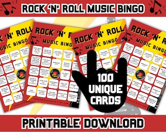 Bingo de música rock / Bingo de música rock and roll con lista de reproducción / 100 cartones de bingo / Juegos de fiesta de rock and roll / Juegos imprimibles / Descarga digital