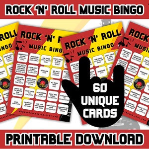 Bingo de música rock / Bingo de música rock and roll con lista de reproducción / 60 cartones de bingo / Juegos de fiesta Rock N Roll / Juegos imprimibles / Descarga digital
