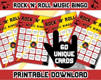 Bingo de música rock / Bingo de música rock and roll con lista de reproducción / 60 cartones de bingo / Juegos de fiesta Rock N Roll / Juegos imprimibles / Descarga digital