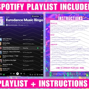 May include: A pink and blue digital image with a Spotify playlist and instructions for a Eurodance Music Bingo game. The playlist includes songs from artists like Alice Deejay, Corona, and La Bouche. The instructions explain how to play the game, which involves marking off songs on a bingo card as they are played.