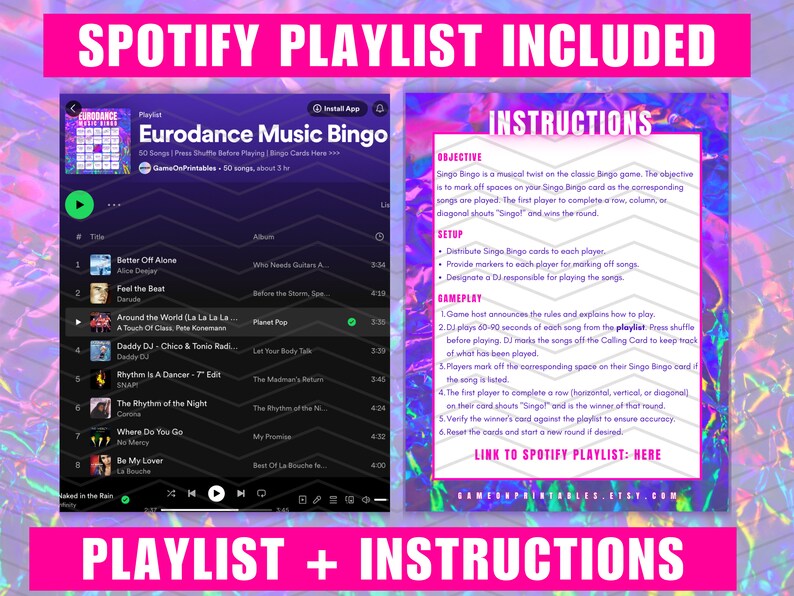 May include: A pink and blue digital image with a Spotify playlist and instructions for a Eurodance Music Bingo game. The playlist includes songs from artists like Alice Deejay, Corona, and La Bouche. The instructions explain how to play the game, which involves marking off songs on a bingo card as they are played.