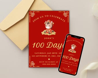 Invitación para la celebración del Año del Caballo (100 días): Fiesta del Huevo Rojo, Imprimible, Digital