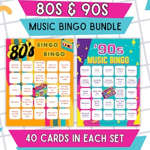 Music Bingo - 2 Pack | 80s, 90s Music Bingo | 2 Decades of Music | Music Bingo With Playlist | 80 Bingo Cards | Printable Game