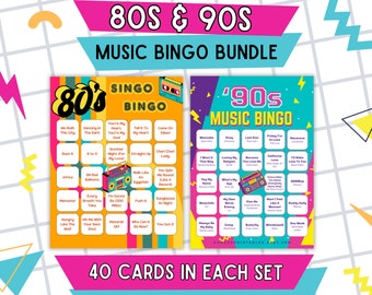 Bingo musical - Paquete de 2 / Bingo musical de los 80 y 90 / Dos décadas de música / Bingo musical con lista de reproducción / 80 cartones de bingo / Juego imprimible