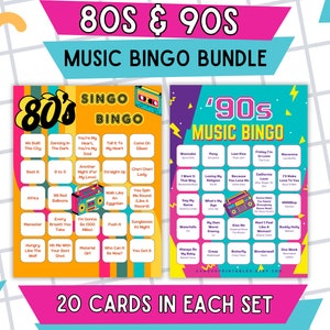Bingo à musique - Lot de 2 | Bingo musical des années 80, 90 | 2 décennies de musique | Bingo musical avec liste de lecture | 40 cartes de bingo | Jeu imprimable