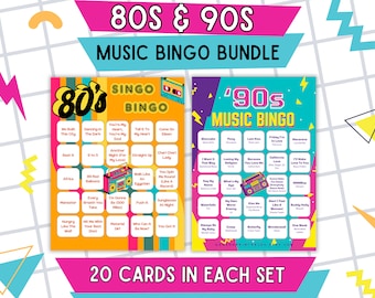 Bingo musical - Paquete de 2 / Bingo musical de los años 80 y 90 / 2 décadas de música / Bingo musical con lista de reproducción / 40 tarjetas de bingo / Juego imprimible
