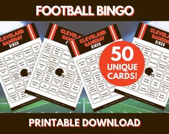 May include: Printable Cleveland Browns football bingo game with 50 unique cards. The design features a football helmet graphic and game-related terms. The text "Football Bingo" and "Printable Download" are also displayed.