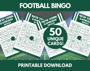 May include: A printable New York Gameday Bingo game with 50 unique cards. The cards are white with green accents and feature football-related terms and a football helmet graphic. The words "Football Bingo" and "Printable Download" are also displayed.
