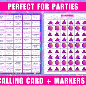 May include: A printable bingo card with a list of 25 popular songs. The card is designed with a purple, blue, and pink color scheme. The card is accompanied by a sheet of 54 bingo markers, which are printed in a variety of geometric shapes and colors.