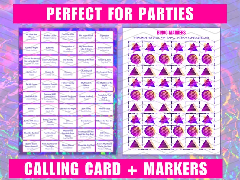 May include: A printable bingo card with a list of 25 popular songs. The card is designed with a purple, blue, and pink color scheme. The card is accompanied by a sheet of 54 bingo markers, which are printed in a variety of geometric shapes and colors.