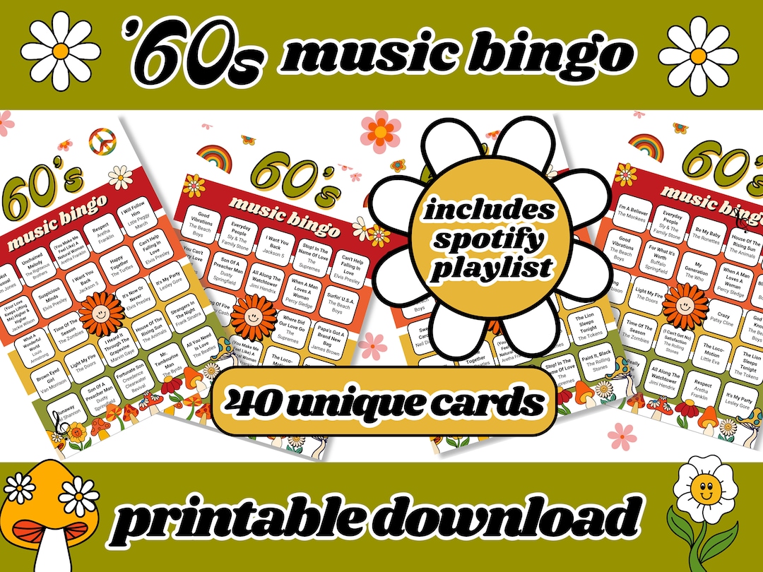 60s Music Bingo | 1960s Singo Bingo | 40 Bingo Cards | Music Bingo With ...