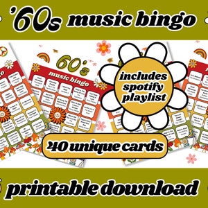 Bingo musical de los años 60 / Singo Bingo de los años 60 / 40 cartones de bingo / Bingo musical con lista de reproducción / Juegos de fiesta / Juegos imprimibles / Descarga digital