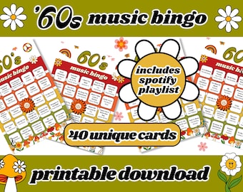 60s Music Bingo | 1960s Singo Bingo | 40 Bingo Cards | Music Bingo With Playlist | Party Games | Printable Games | Digital Download