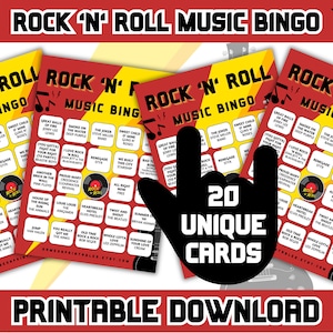 Rock Music Bingo | Rock and Roll Music Bingo With Playlist | 20 Bingo Cards | Rock N Roll Party Games | Printable Games | Digital Download