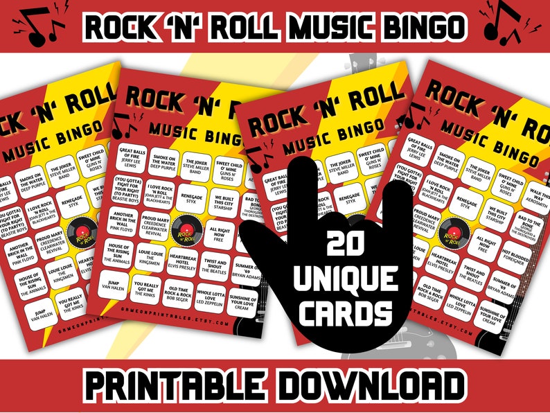 Rock and Roll printable music bingo game