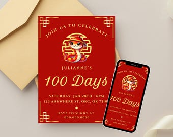 100 Day Celebration, Year of the Snake Invitation, Editable | 100 Day Party Invite | Red Egg and Ginger Party Printable, Digital Invite
