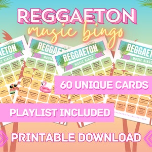 Bingo de Reggaetón / Bingo de Reggaetón / 60 Cartones de Bingo / Bingo Musical con Lista de Reproducción / Juegos de Fiesta / Juegos Imprimibles / Descarga Digital