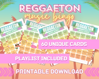 Reggaeton Music Bingo | Reggaeton Bingo | 60 Bingo Cards | Music Bingo With Playlist | Party Games | Printable Games | Digital Download