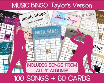 Muzyczne Bingo Wersja Tay | T Swift Muzyczne Bingo Z Listą Odtwarzania | 60 Kart Bingo | Gry Imprezowe Swift | Gry Imprezowe Dla Nastolatków | Gry Do Wydrukowania
