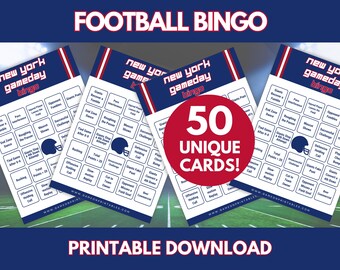 May include: Football Bingo game cards featuring a blue helmet graphic and the text "New York Gameday Bingo." The cards have a grid of football-related terms. The image includes the text "50 Unique Cards!" and "Printable Download."
