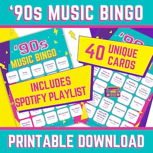 Bingo musical de los 90 con lista de reproducción, 40 cartones de bingo, Singo, Bingo de los 90, Bingo de los 90, Fiesta de los 90, Juegos de fiesta, Juegos imprimibles