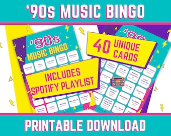 90s Music Bingo With Playlist, 40 Bingo Cards, Singo, 90s Bingo, 1990s Bingo, 90s Party, Party Games, Printable Games