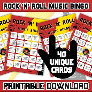 Bingo de musique rock | Bingo à musique rock and roll avec liste de lecture | 40 cartes de bingo | Jeux de société rock'n'roll | Jeux imprimables | Téléchargement numérique