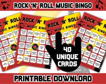 Bingo de música rock / Bingo de música rock and roll con lista de reproducción / 40 cartones de bingo / Juegos de fiesta Rock N Roll / Juegos imprimibles / Descarga digital