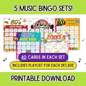 5 music bingo games - 60s, 70s, 80s, 90s, 2000s music bingo