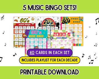 Bingo Musical - Paquete de 5 / Bingo Musical de los 60, 70, 80, 90 y 2000 / 5 Décadas de Música / Bingo Musical con Lista de Reproducción / 200 Tarjetas / Juego Imprimible