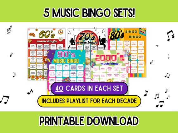 Music Bingo - 5 Pack | 60s, 70s, 80s, 90s, 2000s Music Bingo | 5 Decades of Music | Music Bingo With Playlist | 200 Cards | Printable Game