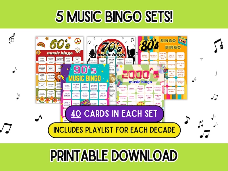 5 music bingo games - 60s, 70s, 80s, 90s, 2000s music bingo