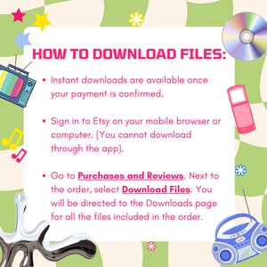 Puede incluir: Gu&iacute;a ilustrada con el texto "HOW TO DOWNLOAD FILES:" sobre un fondo a cuadros verdes y blancos. Las instrucciones van acompa&ntilde;adas de ilustraciones retro de un televisor, un CD, un tel&eacute;fono m&oacute;vil y un radiocasete.