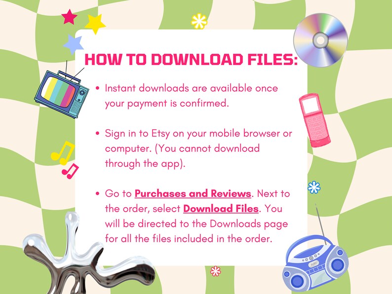 Puede incluir: Gu&iacute;a ilustrada con el texto "HOW TO DOWNLOAD FILES:" sobre un fondo a cuadros verdes y blancos. Las instrucciones van acompa&ntilde;adas de ilustraciones retro de un televisor, un CD, un tel&eacute;fono m&oacute;vil y un radiocasete.