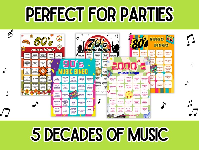 5 music bingo games - 60s, 70s, 80s, 90s, 2000s music bingo