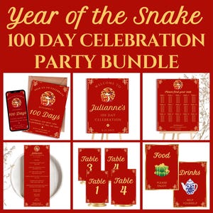 100 Day Party Bundle | Year of the Snake 100 Day Invitation, Welcome Sign, Seating Chart, Table Signs, Games | Digital