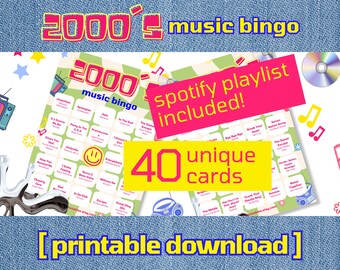 2000s Music Bingo | 2000's Singo Bingo | 40 Bingo Cards | Y2K Music Bingo With Playlist | Party Games | Printable Games | Digital Download