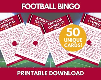 May include: Football Bingo cards with an Arizona Cardinals theme. The cards are red and white with a football helmet graphic. The text "Arizona Gameday Bingo" is displayed on the cards. The image also includes a yellow circle with the text "50 UNIQUE CARDS!"