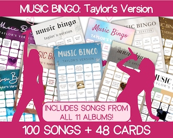 Musikbingo Tays version | T Swift Musikbingo med spellista | 48 bingokort | Swift Partyspel | Tonårsfestspel | Utskrivbara spel