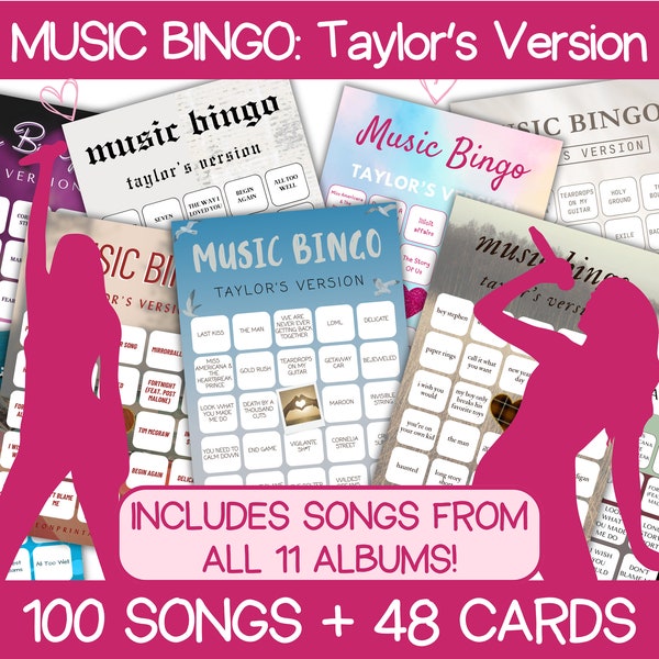 Music Bingo Taylor's Version | T Swift Music Bingo With Playlist | 48 Bingo Cards | Swift Party Games | Teen Party Games | Printable Games