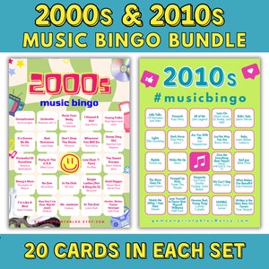 Music Bingo - 2 Pack | 2000s, 2010s Music Bingo | 2 Decades of Music | Music Bingo With Playlist | 40 Bingo Cards | Printable Party Games