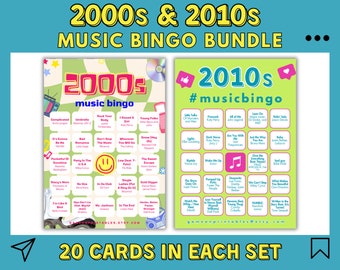 Bingo musical - Paquete de 2 / Bingo musical de los años 2000 y 2010 / 2 décadas de música / Bingo musical con lista de reproducción / 40 tarjetas de bingo / Juegos de fiesta imprimibles