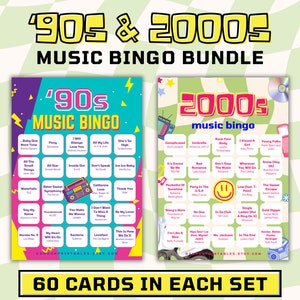 Bingo musical - Paquete de 2 / Bingo musical de los años 90 y 2000 / Bingo musical con lista de reproducción / 120 tarjetas de bingo / Juegos para fiestas de cumpleaños, juegos para fiestas de oficina
