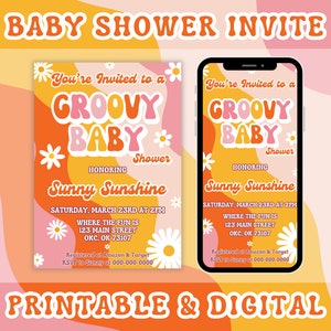 Groovy Babypartyeinladung, bearbeitbar | Babyparty einladen | 70er Jahre Hippie Babyparty-Einladung | Druckbare, digitale Einladung