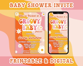 Groovy Baby Shower Invitation, Editable | Retro Baby Shower Invite | 70's Hippie Baby Shower Invite | Printable, Digital Invitation